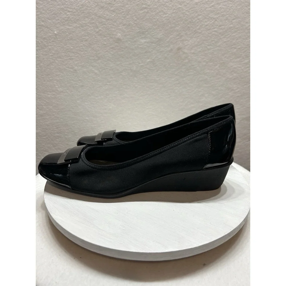 Ak Anne Klein Sport Wedge Shoes Patent Black Fabric Buckle Women's 10M